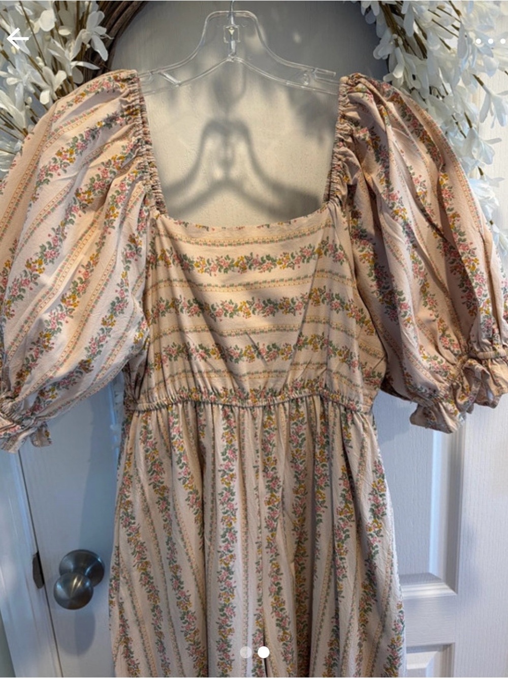 Boutique Floral Puff-Sleeve Square-Neck Jumpsuit in Beige